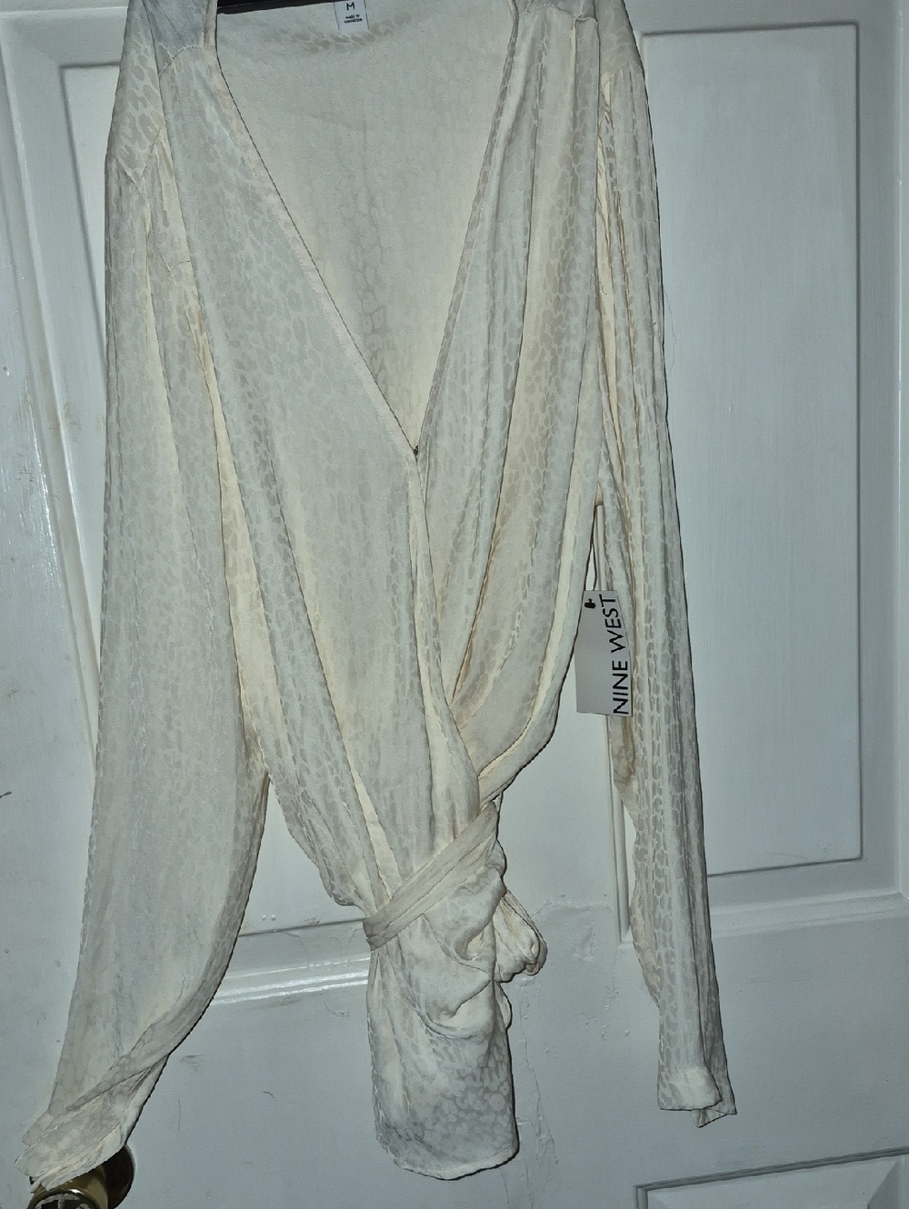 Nine West Cream Surplice Long-Sleeve Wrap Blouse Size M